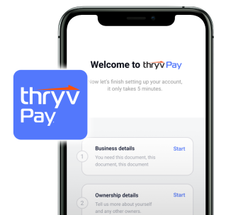 Smartphone reading 'Welcome to ThryvPay' with a popup to the side showing the ThryvPay payment processor  logo